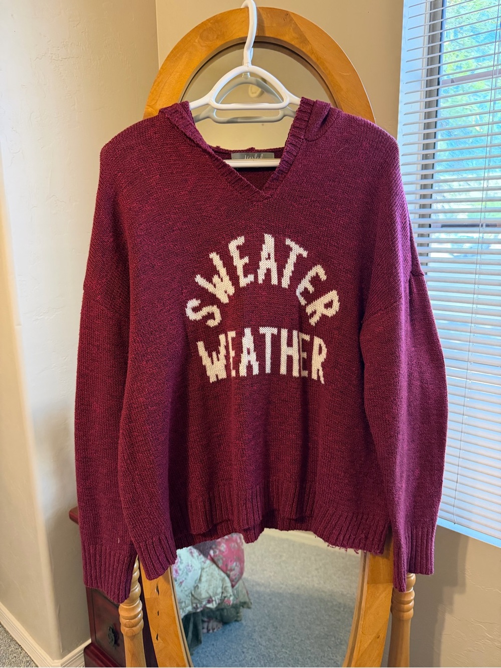 Marled Berry V-Neck Sweater with White Text